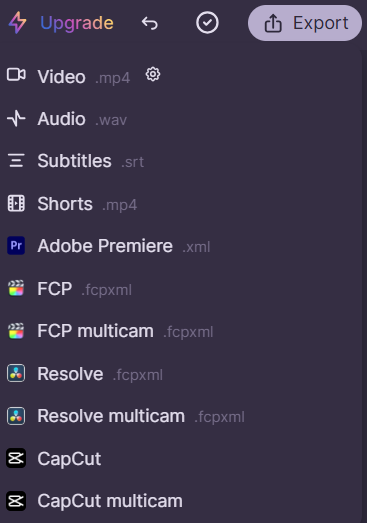 Gling AI export menu options for Premiere Pro Final Cut Pro and CapCut