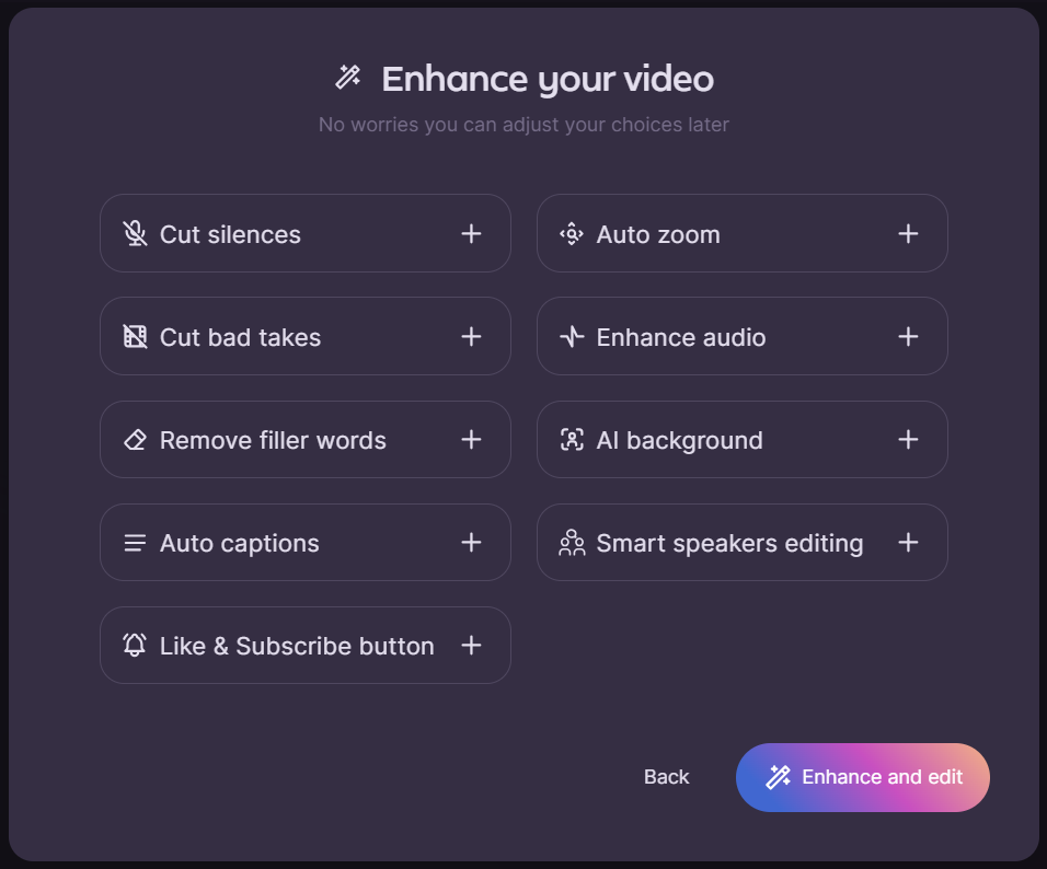 Gling AI video enhancement menu showing silence and bad take removal settings